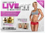 Full body photo of Jamie Eason, fitness model in red shorts and grey sports bra and photos of people who received great results from doing her program for 12 weeks.