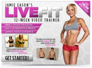 Full body photo of Jamie Eason, fitness model in red shorts and grey sports bra and photos of people who received great results from doing her program for 12 weeks.
