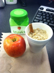 Idea for a typical breakfast: Plain oatmeal (100 calories) with Truvia and an apple.